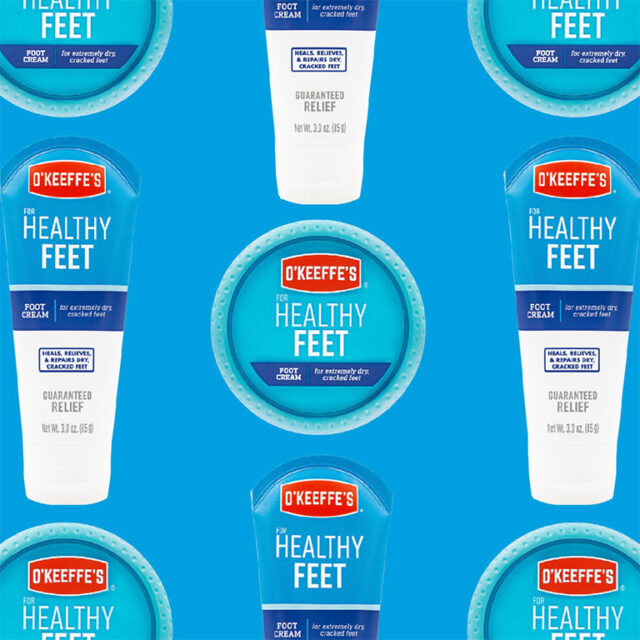 O'Keefee's healthy feet products on blue background